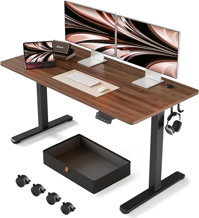 FEZIBO Standing Desk with Drawer, 63 x 24 Inches Adjustable Height Electric Stand up Desk with Storage, Sit Stand Home Office Desk, Black Walnut - LeafyLoom