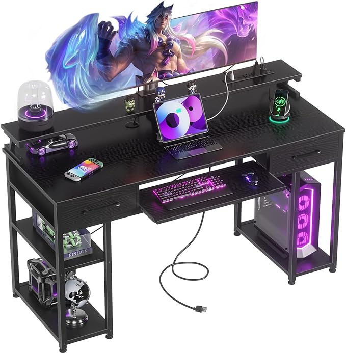 ODK Computer Desk with Drawers & Power Outlet, 48 Inch Office Desk with Keyboard Tray & Storage Shelves & PC Stand, Office Table Work Desk with Monitor Stand, Black - LeafyLoom