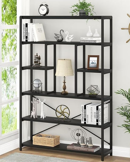 LVB 6 Tier Tall Black Bookshelf, Modern Large Wide Book Rack Storage, Industrial Wood Metal Etagere 6 Shelf Bookcase, Farmhouse Open Display Book Shelf Organizer for Bedroom Living Room Office, Black - LeafyLoom