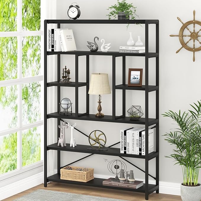 LVB 6 Tier Tall Black Bookshelf, Modern Large Wide Book Rack Storage, Industrial Wood Metal Etagere 6 Shelf Bookcase, Farmhouse Open Display Book Shelf Organizer for Bedroom Living Room Office, Black - LeafyLoom