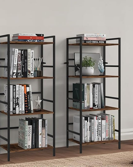 CADUKE Bookcase 4 Tier Bookshelf with Storage Industrial Open Etagere Bookcase Wood Metal Book Shelf Stand Brown Bookshelves for Living Room Bedroom Office - LeafyLoom