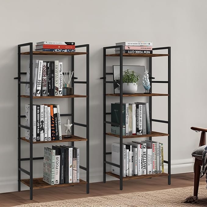 CADUKE Bookcase 4 Tier Bookshelf with Storage Industrial Open Etagere Bookcase Wood Metal Book Shelf Stand Brown Bookshelves for Living Room Bedroom Office - LeafyLoom
