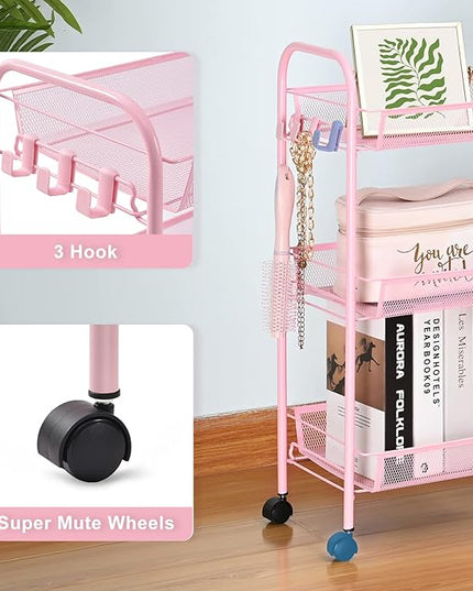 TOOLF 3-Tier Metal Rolling Cart, Mesh Wire Easy Assemble Utility Cart, Storage Trolley on Wheels with 3 Hooks, MetalStorage Shelving Units for Kitchen Bathroom Laundry Room - LeafyLoom