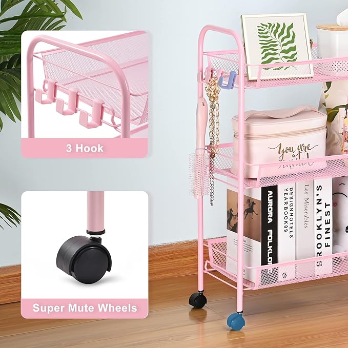 TOOLF 3-Tier Metal Rolling Cart, Mesh Wire Easy Assemble Utility Cart, Storage Trolley on Wheels with 3 Hooks, MetalStorage Shelving Units for Kitchen Bathroom Laundry Room - LeafyLoom