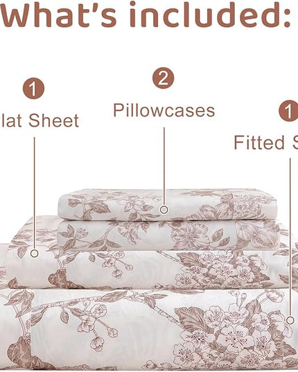 QSH Floral Egyptian Cotton Sheets King Size - Flower Bedding Sheets Botanical Pattern Printed Bedding King Size Bed Sheets 17.5" Extra Deep Pocket 4pcs - LeafyLoom