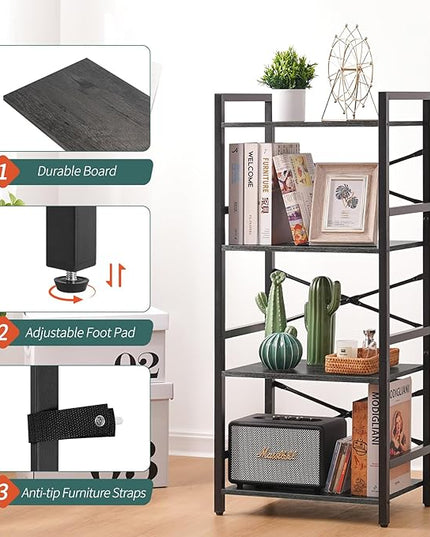 Yoobure 4 Tier Bookshelf - Small Book Shelf Industrial Bookcase, Narrow Book Case Book Storage Organizer for CD/Movie/Book, Bookshelves for Bedroom Office Living Room Charcoal Gray - LeafyLoom