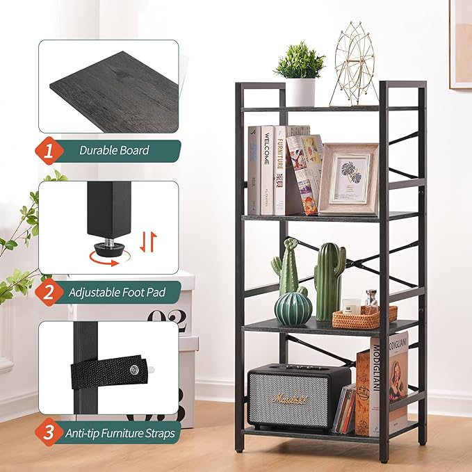 Yoobure 4 Tier Bookshelf - Small Book Shelf Industrial Bookcase, Narrow Book Case Book Storage Organizer for CD/Movie/Book, Bookshelves for Bedroom Office Living Room Charcoal Gray - LeafyLoom