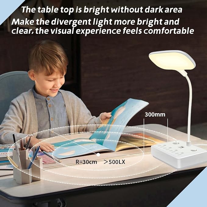 LED Desk Lamp with 2 USB Charging Port and 4 AC Power Outlet, Table Lamps 3 Lighting Modes, Eye-Caring Reading Lamp for Home Bedside Office - LeafyLoom