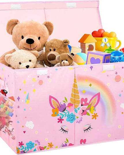 Large Toy Box Chest, Collapsible Sturdy Toy Storage Organizer for Kids, Boys, Girls, 25"x13"x16" Toy Chest Storage Bins with Lids Toy Bins Baskets Boxes for Living Room, Playroom, Nursery, Pink - LeafyLoom