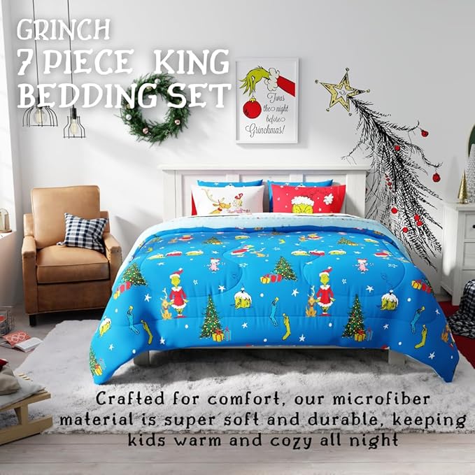 Franco Grinch by Dr. Seuss Holiday & Christmas Bedding Super Soft Comforter and Sheet Set with Sham, 7 Piece King Size (Official Dr. Seuss Product) - LeafyLoom