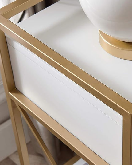 Leick Home 9069-WT Claudette Nightstand Side Table One Drawer Contemporary Fast Station A/C USB Charging Port Integrated Durable Solid Wood Metal Living Room Bedroom Office White/Gold, 24" x 18" x 30" - LeafyLoom