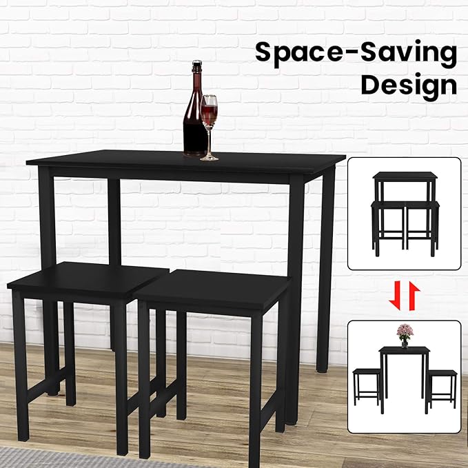 DKLGG 3 Pieces Dining Table Set, Space Saving Kitchen Table Set for 2, Small Dining Table and Chairs for 2, Compact Table w/ 2 Stools Perfect for Breakfast Nook, Living Room, Apartment - LeafyLoom