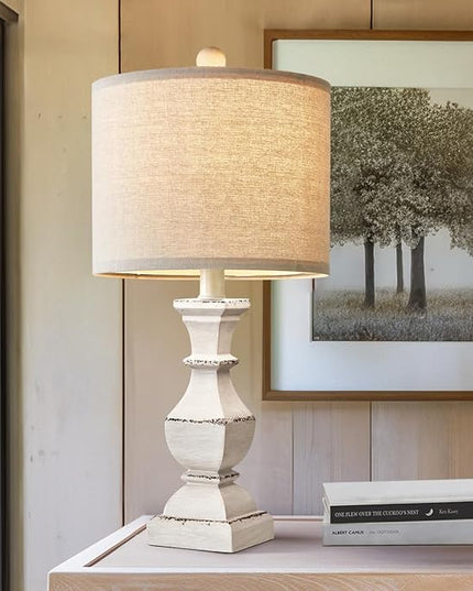 PoKat 20.5" Farmhouse Table Lamp, Vintage Bedside Lamps for Bedroom, Rustic Small End Table Lamps for Living Room, Traditional Nightstand Desk Lamps Distressed Washed White, Suitable for Small Place - LeafyLoom