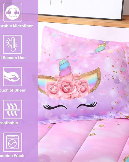Unicorn Kid's Comforter Set 3pc Pink Flower Girl Soft Unicorn Bedding Sets - LeafyLoom