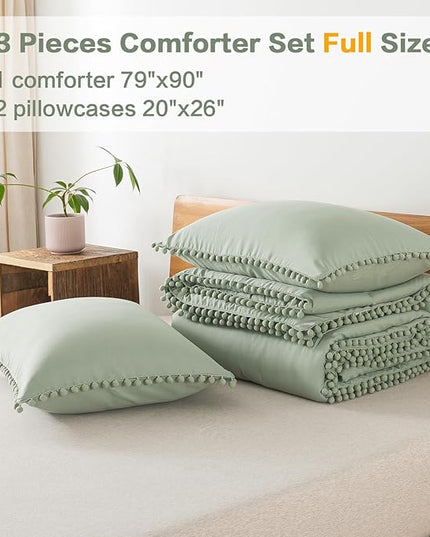 Litanika Comforter Full Size Set Sage Green,3 Pieces Sage Green Boho Pom Pom Lightweight Bed Comforter Full,All Season Solid Color Bedding Comforter Sets (1 Comforter 79x90 Inch, 2 Pillowcases) - LeafyLoom
