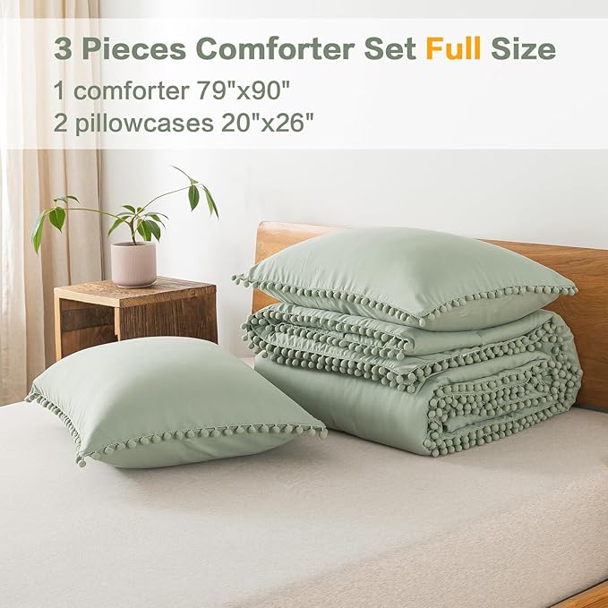 Litanika Comforter Full Size Set Sage Green,3 Pieces Sage Green Boho Pom Pom Lightweight Bed Comforter Full,All Season Solid Color Bedding Comforter Sets (1 Comforter 79x90 Inch, 2 Pillowcases) - LeafyLoom