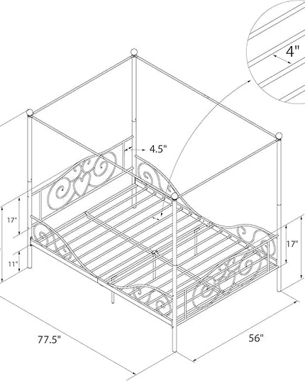 DHP Metal Canopy Kids Platform Bed with Four Poster Design, Scrollwork Headboard and Footboard, Underbed Storage Space, No Box Sring Needed, Full, White - LeafyLoom