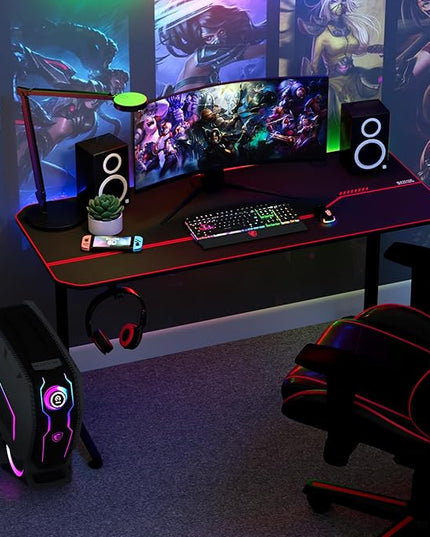 55'' Gaming Desk, Multi-Use Home Office T-Shaped Computer Workstation, Carbon Fiber Surface PC Study Table, Full Cover Mousepad, Drink Holder, Wire Holes, Headphone Hook, Cable Tray, Red - LeafyLoom