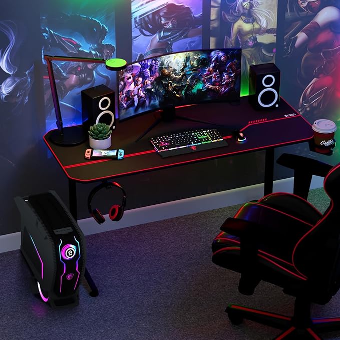 55'' Gaming Desk, Multi-Use Home Office T-Shaped Computer Workstation, Carbon Fiber Surface PC Study Table, Full Cover Mousepad, Drink Holder, Wire Holes, Headphone Hook, Cable Tray, Red - LeafyLoom