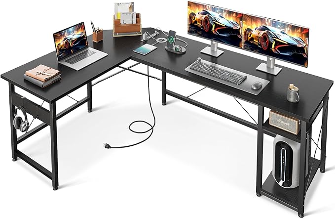 Coleshome L Shaped Computer Desk 66" with Power Outlet & Storage Shelves, Corner Sturdy Writing Desk Workstation, Modern Wooden Office Gaming Desk, Wood & Metal, Black - LeafyLoom