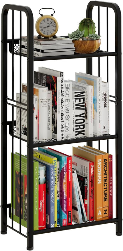 Bookshelf Storage Shelf Bookcase Freestanding Storage Stand for Living Room, Bedroom, Kitchen, Rust Resistance, Easy Assemblyl Free Combination Multi-Functional Organizer (3 Tiers, Black) - LeafyLoom