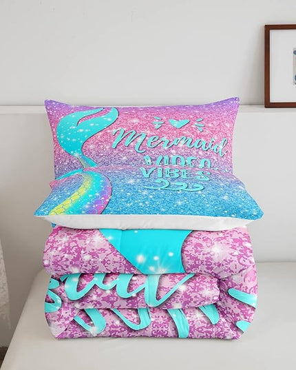 Girls Mermaid Tail Comforter Set Full Kawaii Coastal Fish Scales Bedding Set Glitter Star Galaxy Comforter Blue Pink Pastel Ombre Set Princess Bed Set Ocean Animal Quilt Duvet 2 Pillowcases Teal - LeafyLoom