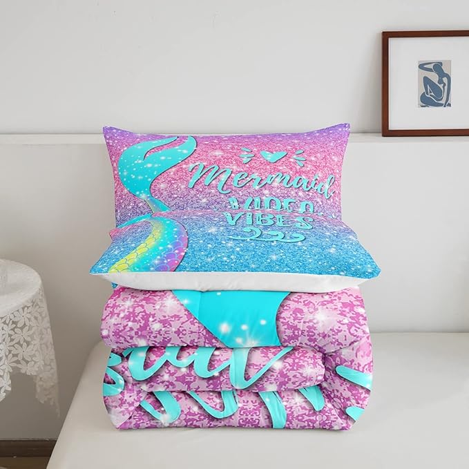 Girls Mermaid Tail Comforter Set Full Kawaii Coastal Fish Scales Bedding Set Glitter Star Galaxy Comforter Blue Pink Pastel Ombre Set Princess Bed Set Ocean Animal Quilt Duvet 2 Pillowcases Teal - LeafyLoom