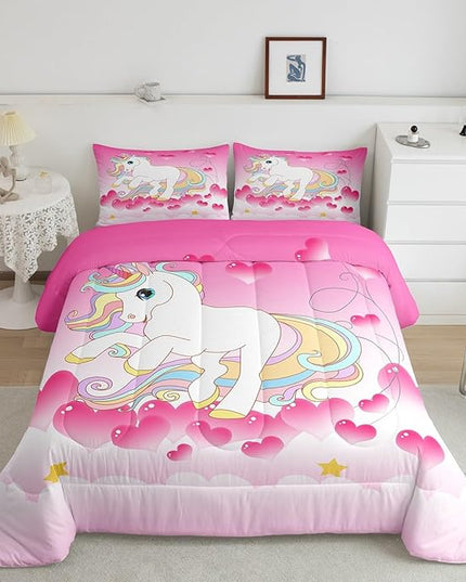 Girls Unicorn Comforter Set Queen Girly Fantasy Rainbow Unicorn Bedding Set for Kids Little Girls, Pink Love Heart Duvet Sets Dreamy Horse Cartoon Magical Animal Down Comforter with 2 Pillowcases - LeafyLoom