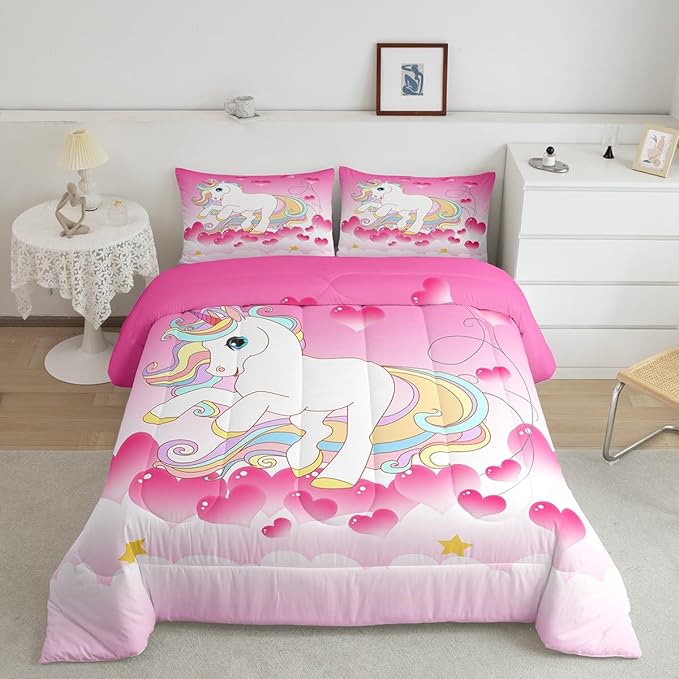Girls Unicorn Comforter Set Queen Girly Fantasy Rainbow Unicorn Bedding Set for Kids Little Girls, Pink Love Heart Duvet Sets Dreamy Horse Cartoon Magical Animal Down Comforter with 2 Pillowcases - LeafyLoom