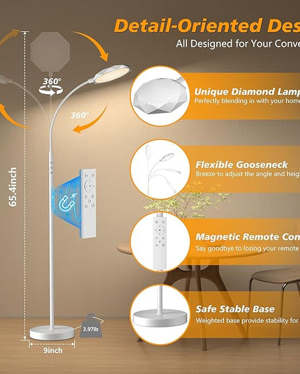 Floor Lamp, 18W Bright LED Floor Lamps for Living Room with Diamond-Surface, Stepless Adjustable Colors & Dimmer Standing Lamp with Timer, Remote & Touch Control, Reading Lights for Bedroom, Office - LeafyLoom