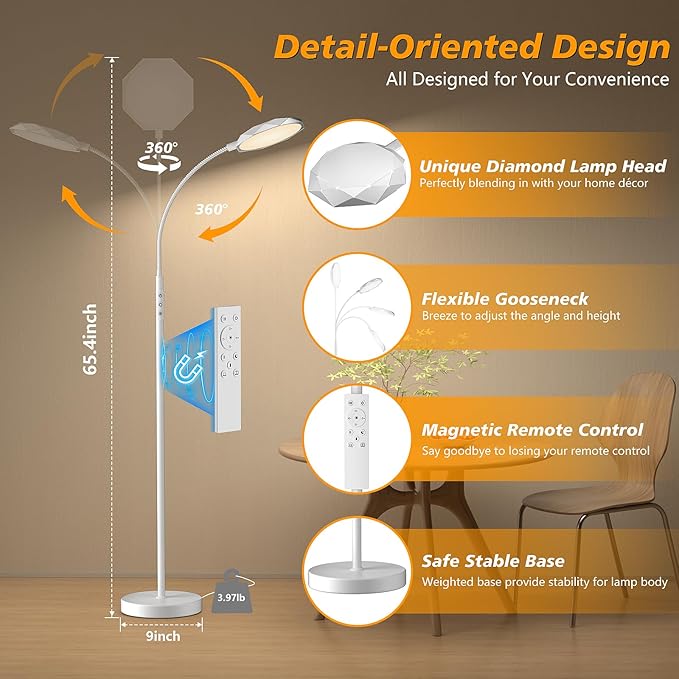 Floor Lamp, 18W Bright LED Floor Lamps for Living Room with Diamond-Surface, Stepless Adjustable Colors & Dimmer Standing Lamp with Timer, Remote & Touch Control, Reading Lights for Bedroom, Office - LeafyLoom