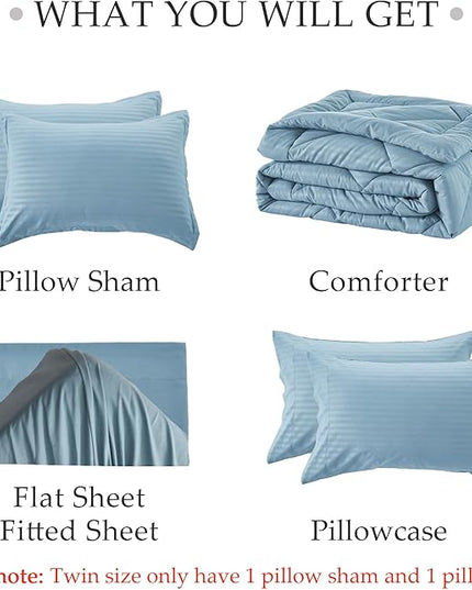 NexHome Blue Grey King Bed in a Bag 7-Pieces Comforter Sets with Comforter and Sheets Soft All Season Bedding Sets with Comforter, Pillow Shams, Flat Sheet, Fitted Sheet and Pillowcases - LeafyLoom