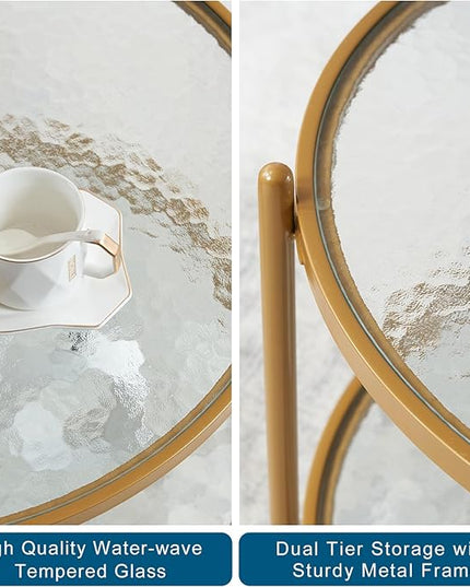 VINGLI 25.6" Small Matte Gold Round Coffee Table Water-wave Glass Circle Clear Coffee Table, Center Table with 2-Tier Modern Storage Design for Living Room, Bedroom, Meeting Room, Balcony, Patio - LeafyLoom