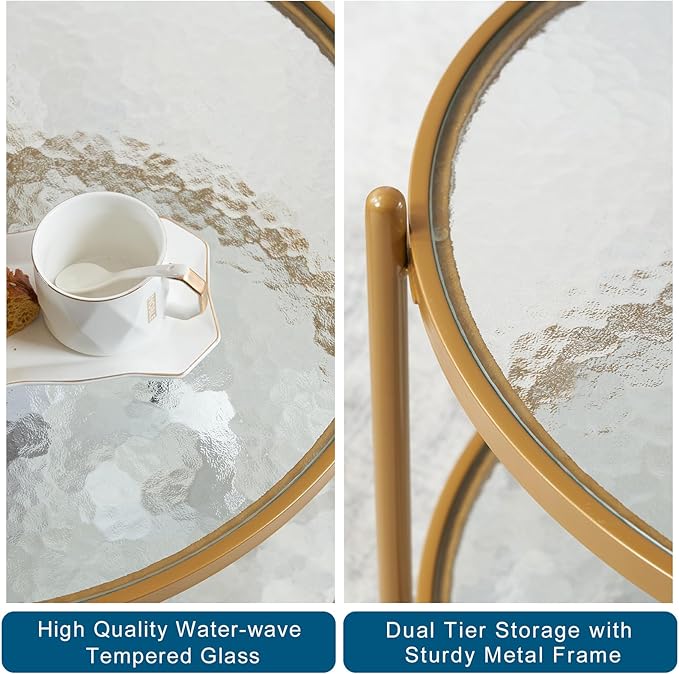 VINGLI 25.6" Small Matte Gold Round Coffee Table Water-wave Glass Circle Clear Coffee Table, Center Table with 2-Tier Modern Storage Design for Living Room, Bedroom, Meeting Room, Balcony, Patio - LeafyLoom