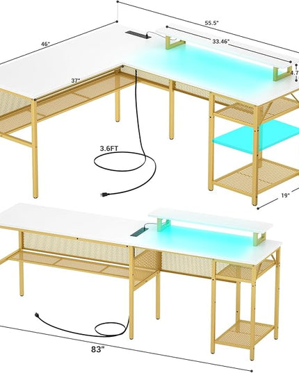 Reversible L Shaped Computer Desk with Power Outlet & Monitor Stand, 55 Inch Office Desk with RGB LED Light, Sturdy Corner Desk with Storage Shelf, Gaming Table, Easy to Assemble, White - LeafyLoom