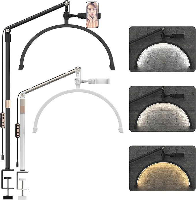 Half Moon Light for Lashes, 22Inch LED Nail Desk Lamp, Lash Light for Eyelash Tech, Esthetician, Office, Beauty, Skincare, Tattoo, Facial, Filming with Remote Control Black - LeafyLoom