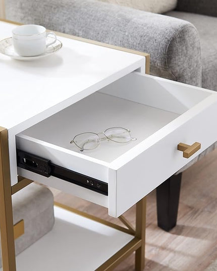 Leick Home 9206-WTGL Claudette One Drawer Mixed Metal and Wood Side Table with Shelf, White/gold - LeafyLoom