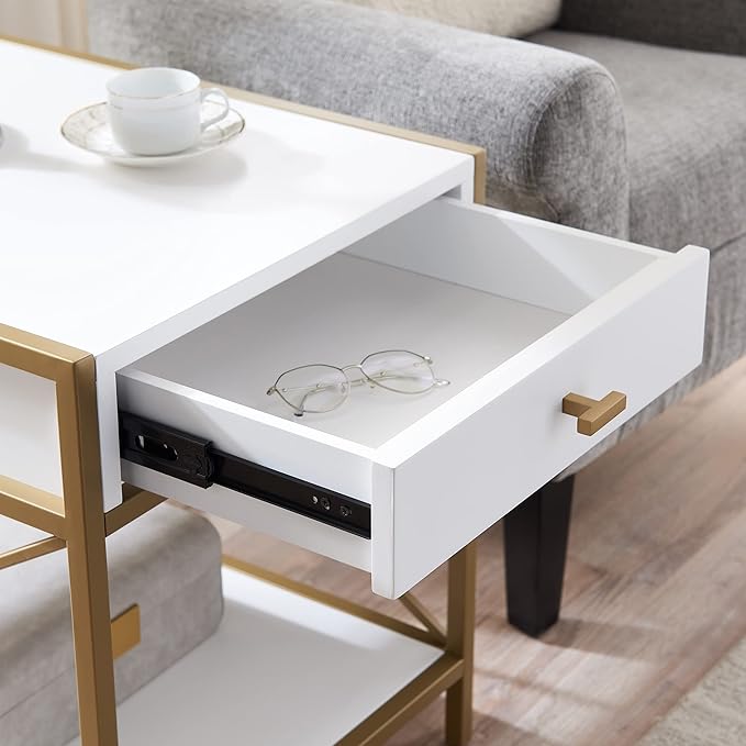 Leick Home 9206-WTGL Claudette One Drawer Mixed Metal and Wood Side Table with Shelf, White/gold - LeafyLoom