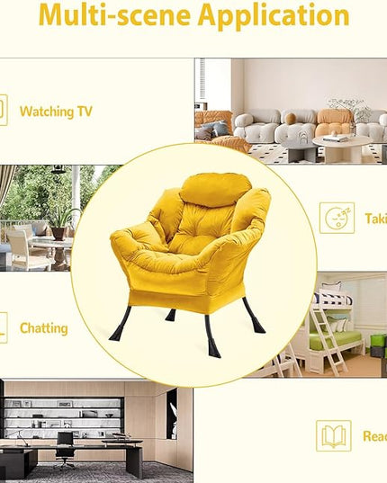 Lazy Chair Thick Padded, Accent Chair Velvet Upholstered with Wide Seat, Stable Metal Frame and Non-Slip Pad, Modern Sofa Armchair with Side Storage Bag for Dorm, Room, Office, Yellow - LeafyLoom