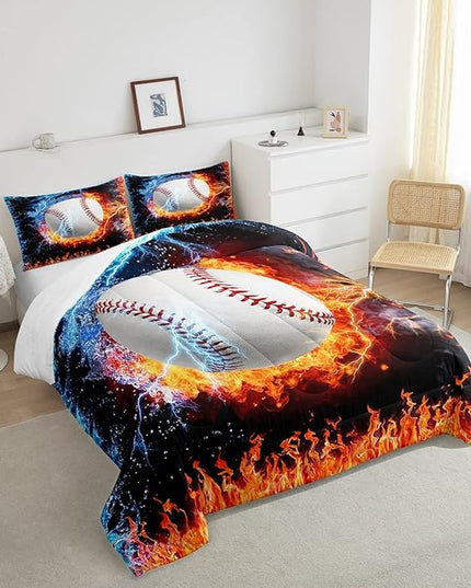 Erosebridal Baseball Comforter Set King Size Sports Theme Bedding Kids Teens Boys Fire and Ice Sports Baseball Quilted Duvet Decoration 3 Pcs Bedding Comforters Red Blue with 2 Pillowcases - LeafyLoom