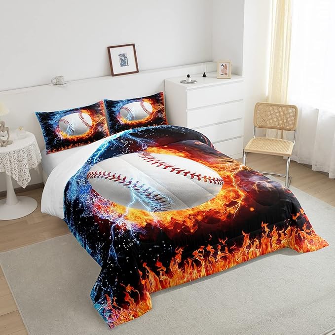 Erosebridal Baseball Comforter Set King Size Sports Theme Bedding Kids Teens Boys Fire and Ice Sports Baseball Quilted Duvet Decoration 3 Pcs Bedding Comforters Red Blue with 2 Pillowcases - LeafyLoom