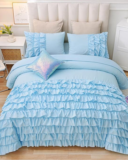 A Nice Night Waterfall Flutter Ruffle Comforter Set,Ruffled Textured Soft Chic Princess 6pcs Bedding Set,with Bling Shiny Sequin Throw Pillow Case,Blue,Full - LeafyLoom