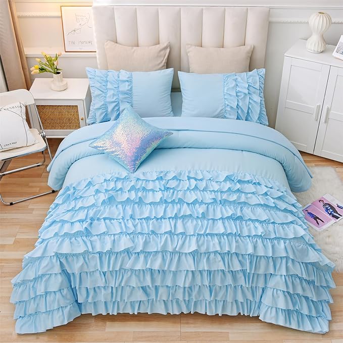 A Nice Night Waterfall Flutter Ruffle Comforter Set,Ruffled Textured Soft Chic Princess 6pcs Bedding Set,with Bling Shiny Sequin Throw Pillow Case,Blue,Queen - LeafyLoom