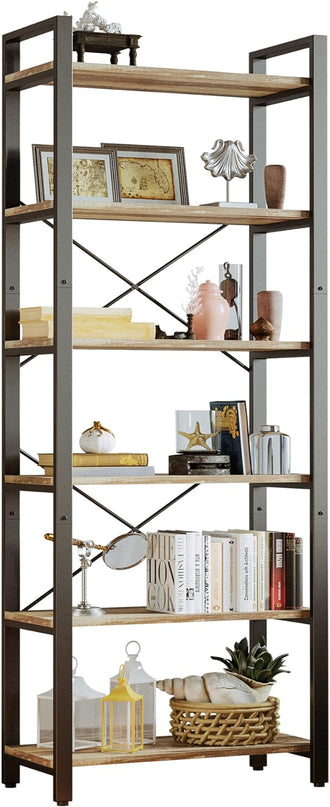 IRONCK Bookshelf 6-Tier Ladder Shelf 110lbs/shelf Display Shelf Vintage Industrial Style Bookcase for Home Office, Living Room - LeafyLoom