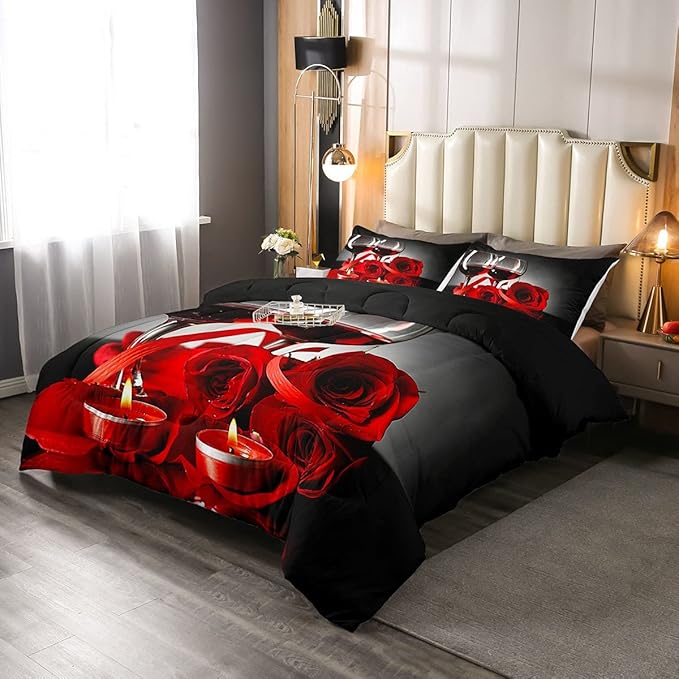 Erosebridal Rose Wine Glass Comforter Set for Girls Red Black Rose Bedding Set Full Size Floral Blossom Quilt Set Banquet Flower Romantic Valentine's Day Duvet Set, Women Men Adult Grey Comforter Set - LeafyLoom