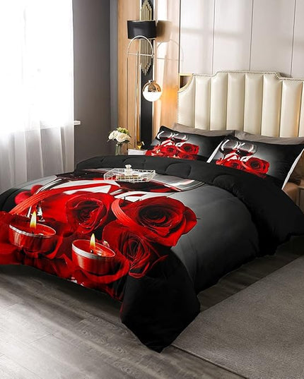 Erosebridal Rose Wine Glass Comforter Set for Girls Red Black Rose Bedding Set Twin Size Floral Blossom Quilt Set Banquet Flower Romantic Valentine's Day Duvet Set, Women Men Adult Grey Comforter Set - LeafyLoom