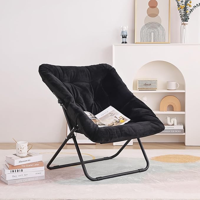 Tiita Comfy Saucer Chair, Soft Faux Fur Oversized Folding Accent Chair, Lounge Lazy Chair for Kids Teens Adults, Metal Frame Moon Chair for Bedroom, Living Room, Dorm Rooms - LeafyLoom