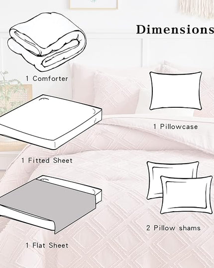6 Pieces Tufted Bed in a Bag Twin Comforter Set with Sheets Blush, Soft and Embroidery Shabby Chic Boho Bohemian, Luxury Solid Color with Diamond Pattern, Jacquard Tufts Bedding Set for Kids Girls - LeafyLoom
