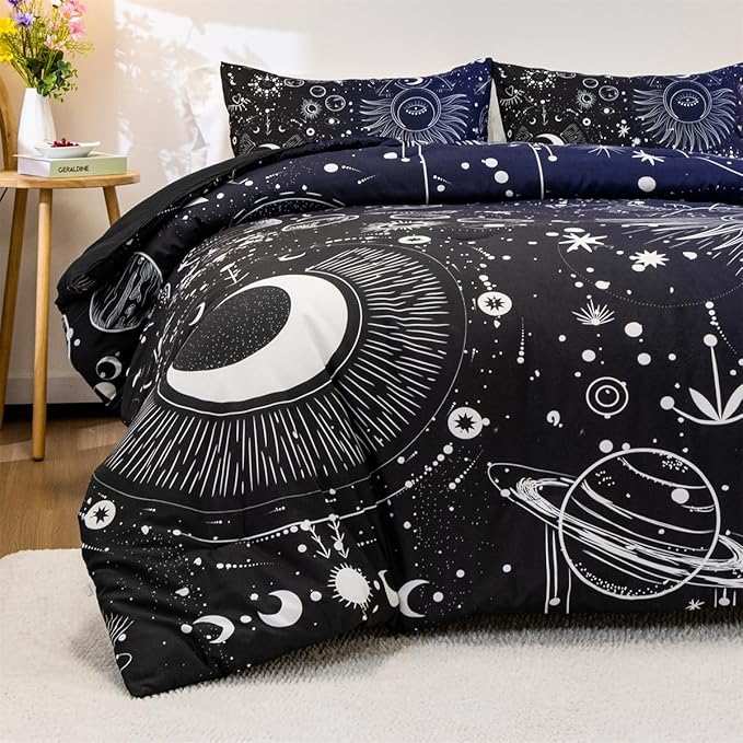 Holawakaka Stars Moon Constellation Print Comforter Set Queen Size Girls Boys Witchy Astrology Zodiac Celestial Bedding Set (Navy Blue, Queen) - LeafyLoom