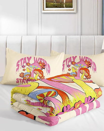 Axolotl Cartoon Mushroom Comforter Set Queen,Colorful Mushrooms Bedding Girls Bedding Set,Floral Comforter Set Red Pink Flower,Cute Mushroom Bedding Set For Kids Boys Girls Teens,1 Quilt 2 Pillowcases - LeafyLoom